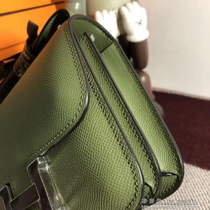 HERMES愛馬仕 空姐包 constance 叢林綠 EPSOM 18cm 銀扣 蠟線縫製 單肩斜挎包  Ama1500